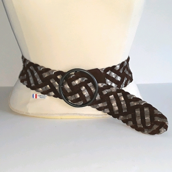 Fossil brown suede & metallic leather braided belt L - Picture 1 of 14